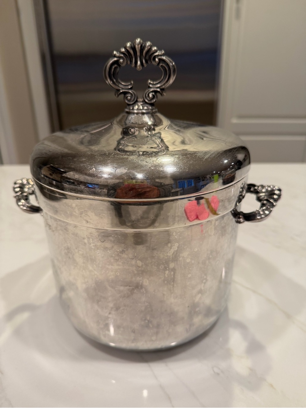 Vintage FB Rogers Silver Co Silver Plate Covered Ice Bucket w White Milkglass